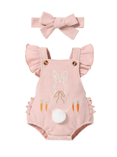 Cross-Border E-Commerce Popular Baby Girl Easter Cute Rabbit Sleeveless Jumpsuit with Adjustable Shoulder Straps and Hairband