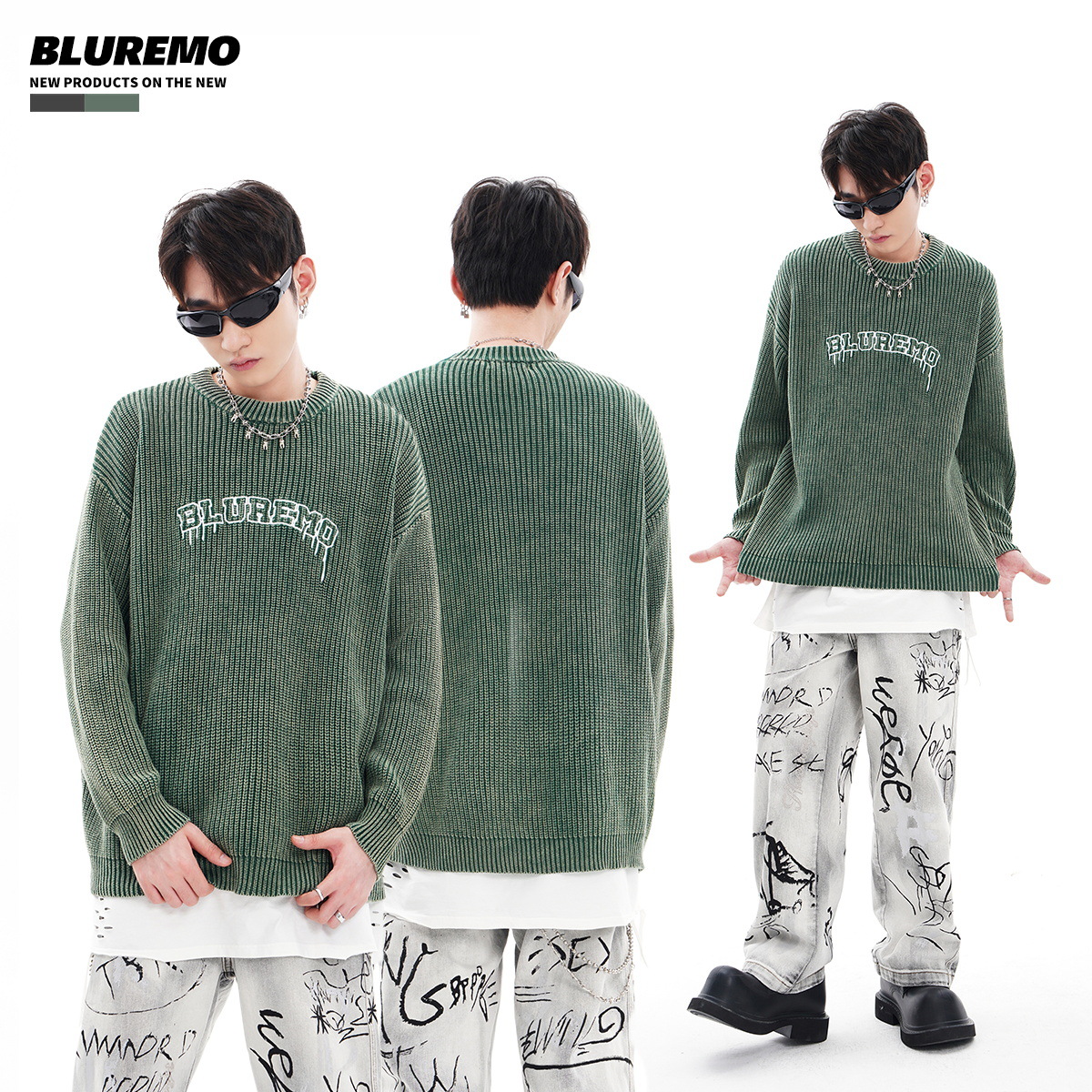 Vêtements pour hommes Automne et hiver haute rue rétro délavé à l'eau lettre broderie rue dynamitage à la mode tout match pull tricoté à col rond_voghion.com