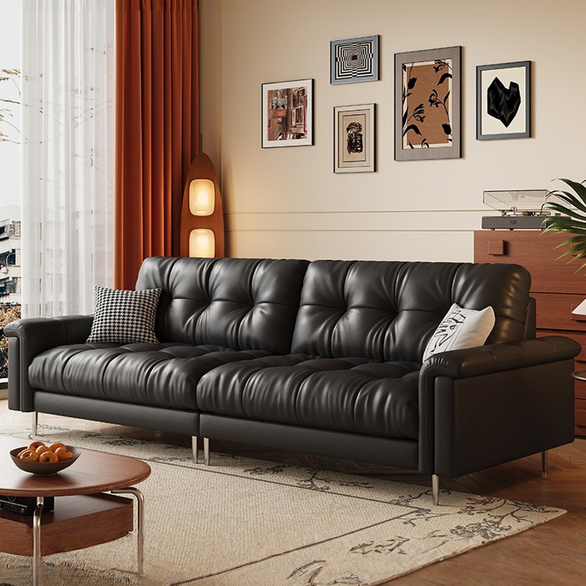 Sofá de cuero italiano negro minimalista sala de estar pequeño estilo retrógrado francés en línea recta sofá nebula medieval estadounidense
