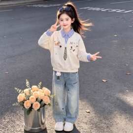 女童卫衣春秋季清新文艺学院风假两件甜美可爱卡通兔子牛仔裤套装