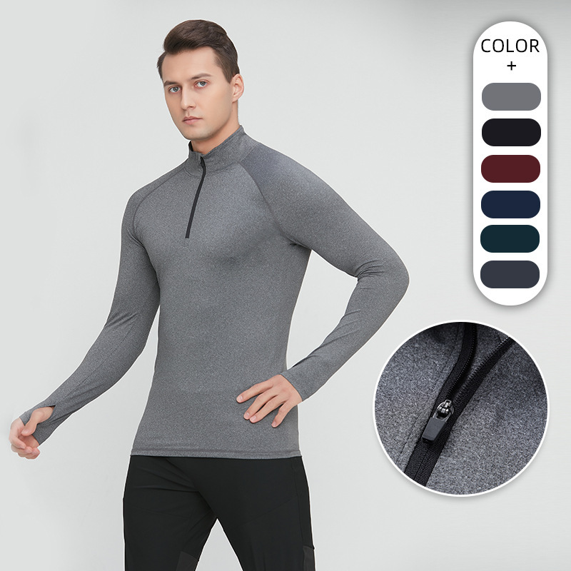 Stand-Up Collar Zipper Sports Quick-Drying Fitness Clothing Spring Outdoor Running Training Long-Sleeved Bodysuit for Men Breathable and Quick-Drying