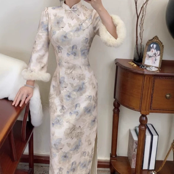 8676 # синий чай осенний и зимний оригинальный самодельный новый китайский нежный и элегантный толстый рукав Cheongsam