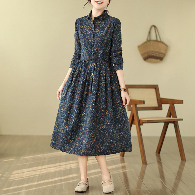 Real Shot of 2025 Spring New Style Artistic Loose Cotton and Linen Floral Lapel Long-Sleeved Dress Women's Waist Mid-Length