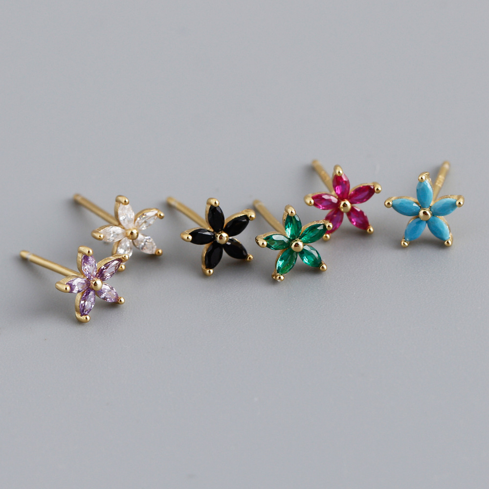 Sweet Flower Silver Inlay Zircon Ear Studs 1 Pair