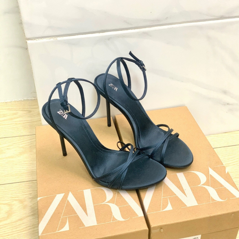Ready in Stock Za Spring and Summer New French Metal Buckle Open-Toe High Heels Women's Niche Cross-Strap Roman Sandals