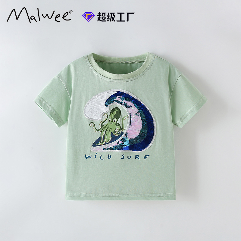 Camiseta de niño malwee transfronteriza de manga corta verano nuevo estilo europeo y americano niños pequeños y medianos cuello redondo chico guapo casual top