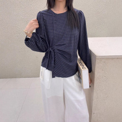 格子圆领衬衫女长袖2025秋新款韩版显瘦收腰上衣简约短款小衫衬衣