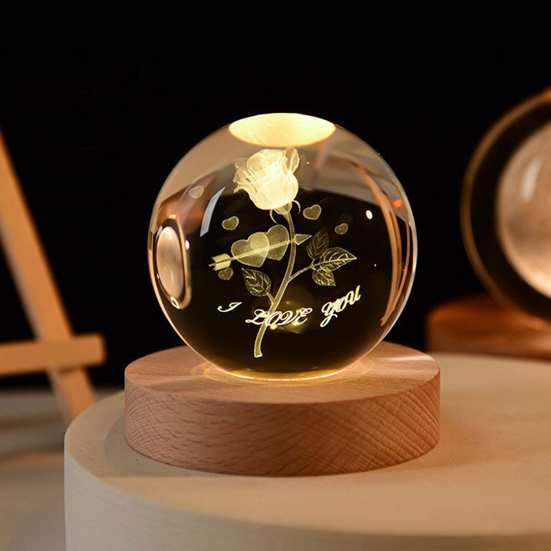 temu amazon una lámpara de noche de cristal de bola galáctica 3D láser interior grabado adornos de madera lámpara de noche galáctica