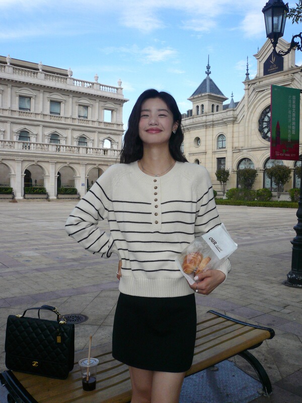 pusumede 暮色微风 条纹毛衣女秋冬圆领显瘦休闲羊毛针织衫上衣|undefined