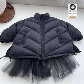 冬季新款女童公主90白鸭绒纱纱裙羽绒服黑色气质立领羽绒外套