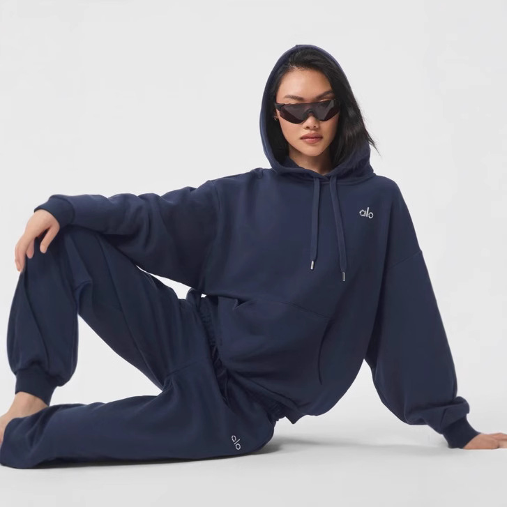 Alo Autumn and Winter Sports Hooded Sweatshirt Printed Logo Standard Loose Men's and Women's Same Style Warm Sweatshirt Suit