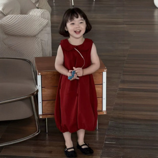 Children's Clothing 2025 Summer Korean Style Girl's Retro Red Doll Collar Vest Dress Baby's Fashionable Flower Bud Dress