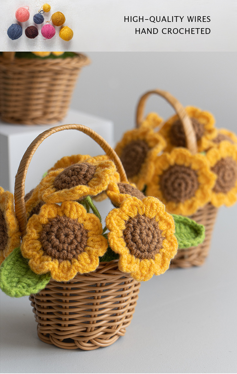 手工针织向日葵迷你花篮成品毛线仿真太阳花盆栽摆件节日礼品摆摊详情5