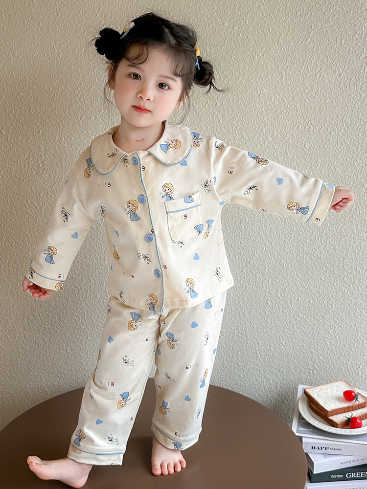 Pijamas para niñas primavera y otoño 2025 nuevo estilo cuello de muñeca para niños traje de servicio a domicilio de manga larga traje de dos piezas de otoño para bebés