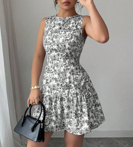 Women's Bohemian Style Floral Print Mini Dress Sleeveless Belted French Elegance Thin Summer Fashion Clothing_ecoleips.com