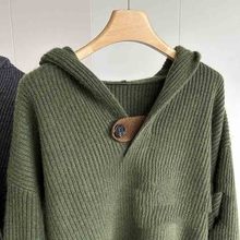 外贸单出口尾货时尚设计感女装捡漏慵懒风搭扣连帽针织衫毛上衣