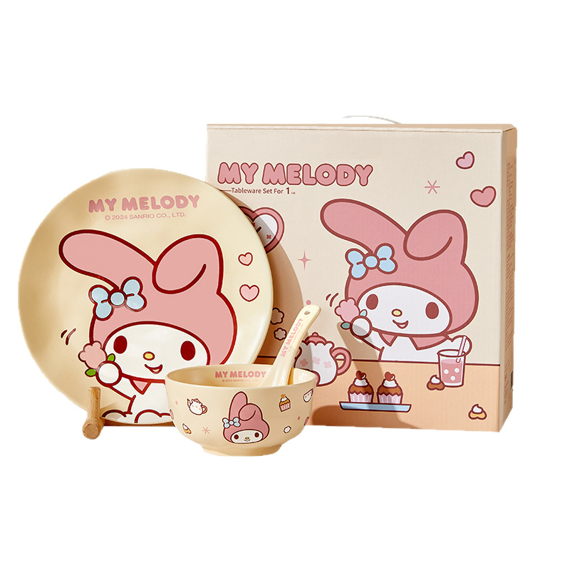 Juego de Vajilla Sanrio Estilo Crema para Una Persona, 4 Piezas, Lindo Juego de Vajilla Hello Kitty My Melody de Alta Calidad para Uso Doméstico