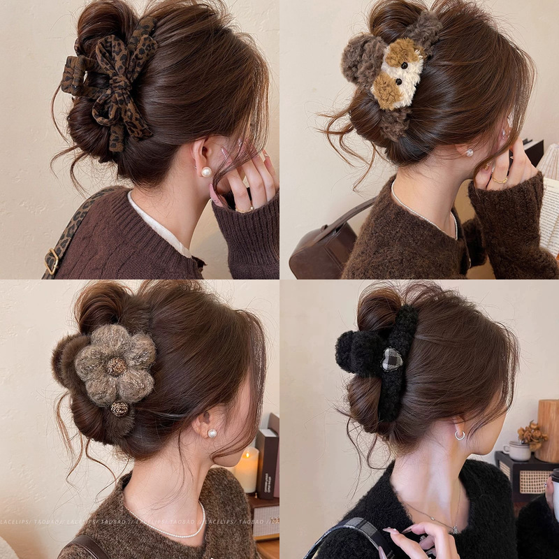 Plush Bow Hair Clip for Thick Hair, Retro Cute Heart Shark Clip Hairpin, 2025 New Autumn and Winter Claw Clip