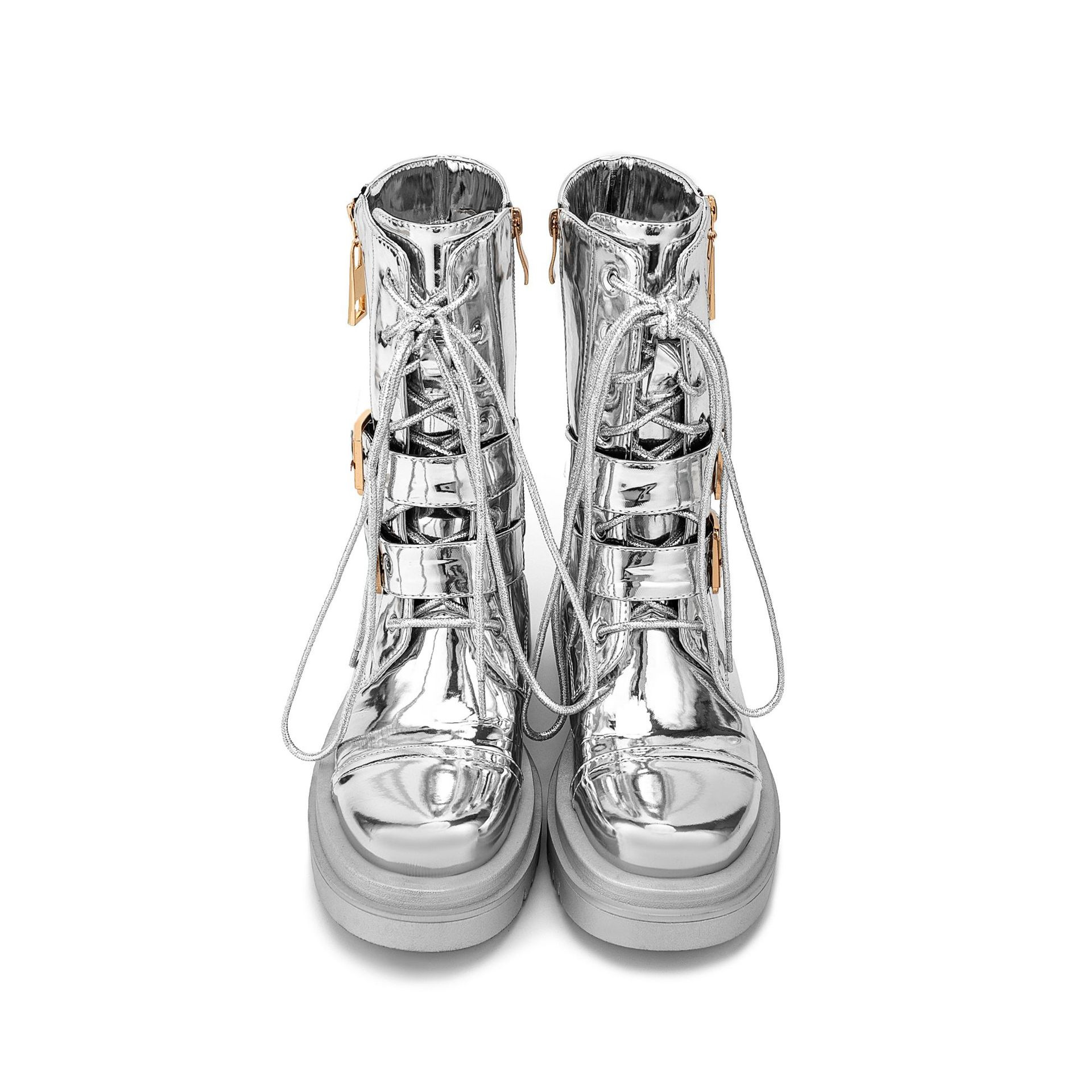 Silver patent leather medium chunky heel plus size platform booties punk boots_voghion.com