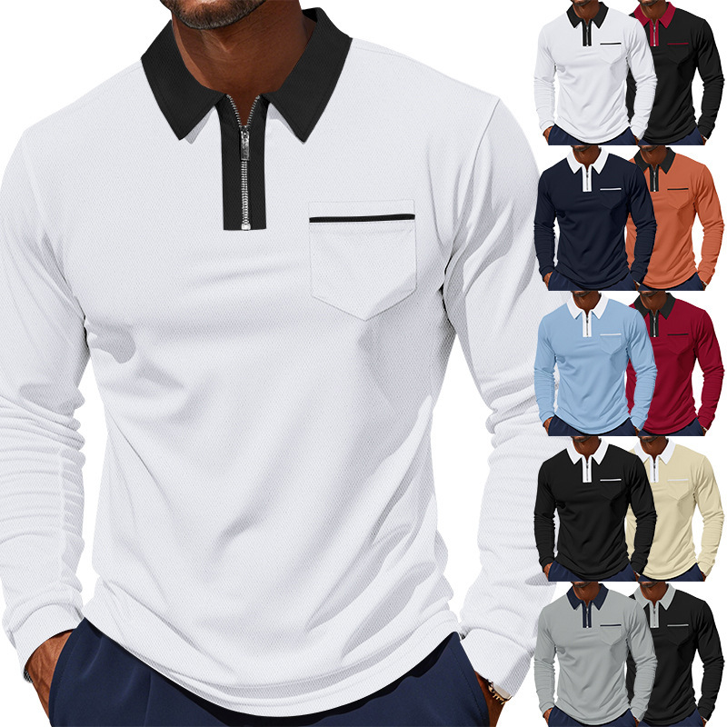 Cross-border Spring Classic British Style Polo Suit Zipper Quick-drying Breathable Polo Shirt Long-sleeved Golf Men's T-shirt