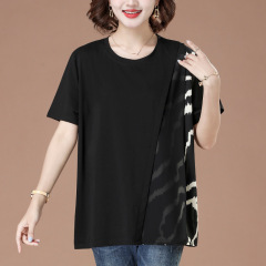 中年のお母さんの純綿の半袖のtシャツの女性の夏服の2025新型の洋気の偽の2つの大きいサイズは肉を遮ってやせている上着を現します。