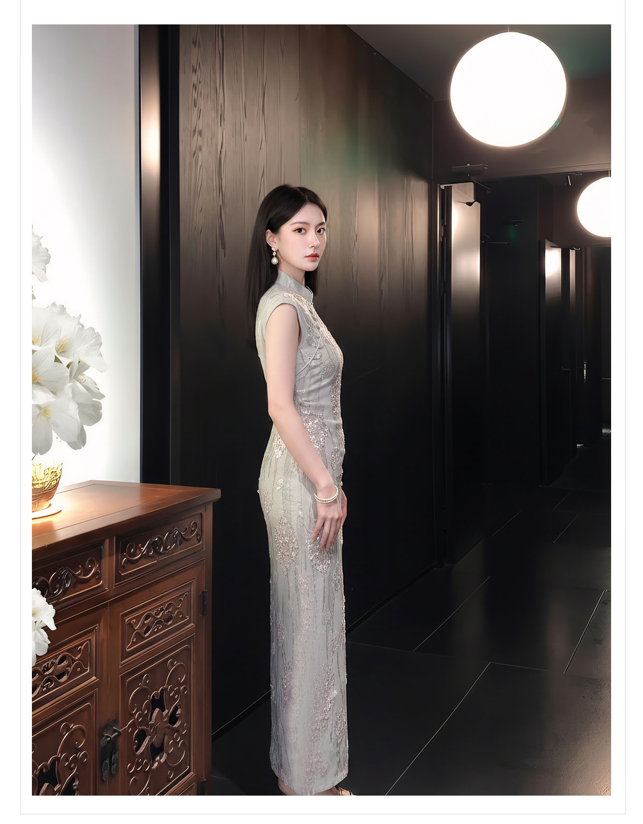 Đầm maxi thắt eo phong cách Tân Trung Hoa ren hoa nổi tay lỡ — Xám gạo chi tiết 10
