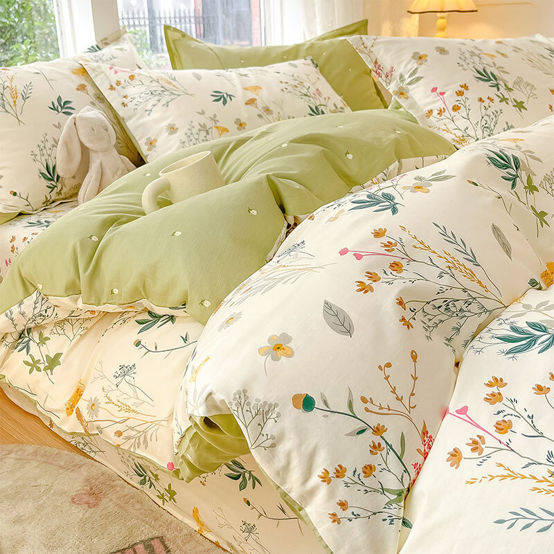 Juego de cuatro piezas de algodón puro, ropa de cama de algodón 100% estilo nuevo 2026, funda nórdica floral fresca, sábana, juego de tres piezas para dormitorio, sábana ajustable.
