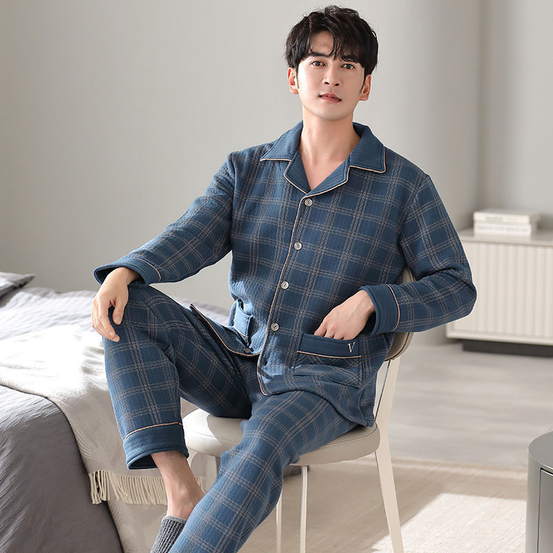 Pijamas de algodón laminado para hombres otoño y invierno engrosado delgado algodón intercalado de gran tamaño ropa doméstica de invierno aire algodón conjunto de primavera y otoño