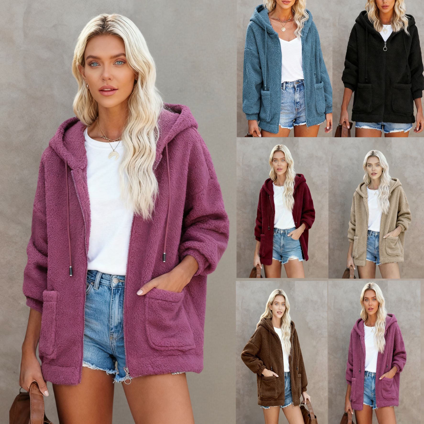 跨境亚马逊独立站欧美女装羊羔绒拉链连帽卫衣女秋冬保暖开衫外套