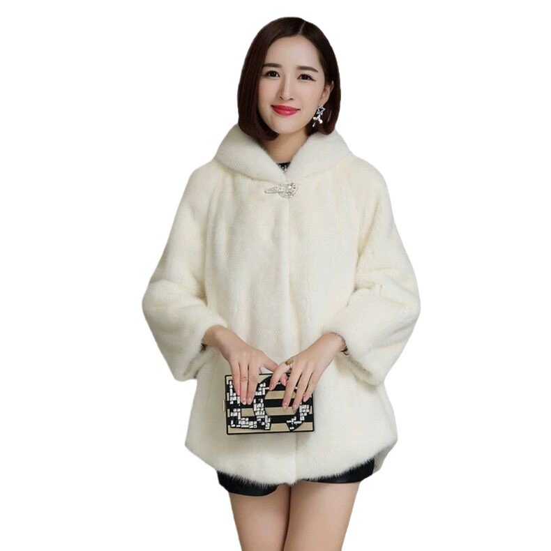 2025 New Women's Imitation Mink Fur Coat, Mid-Length, Hooded, Waist-Closed, in Black, Rice, Beige