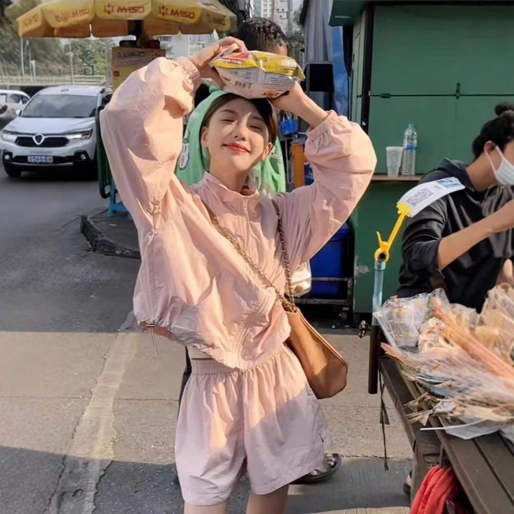 Summer Quick-drying Sunscreen suit Women's Sports Batmobile Shirt Korean Loose Shorts Two-piece Set Small 2025 New Arrival