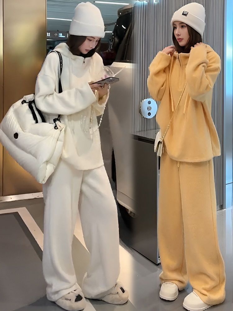 2-300斤大码女装秋冬慵懒风时尚半拉链套头卫衣外套休闲长裤套装