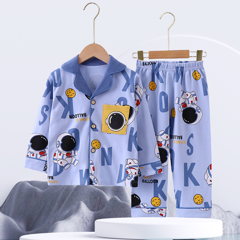 Spring and Autumn Style Pure Cotton Children's Pajamas Boys and Girls Cardigan Long Sleeve Turn-Down Collar Homewear Cartoon Casual Pajamas