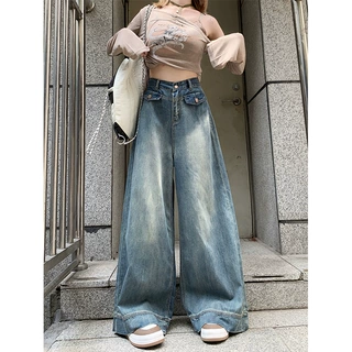 大码美式复古牛仔裤女设计感胖妹妹宽松显瘦高腰拖地直筒阔腿长裤