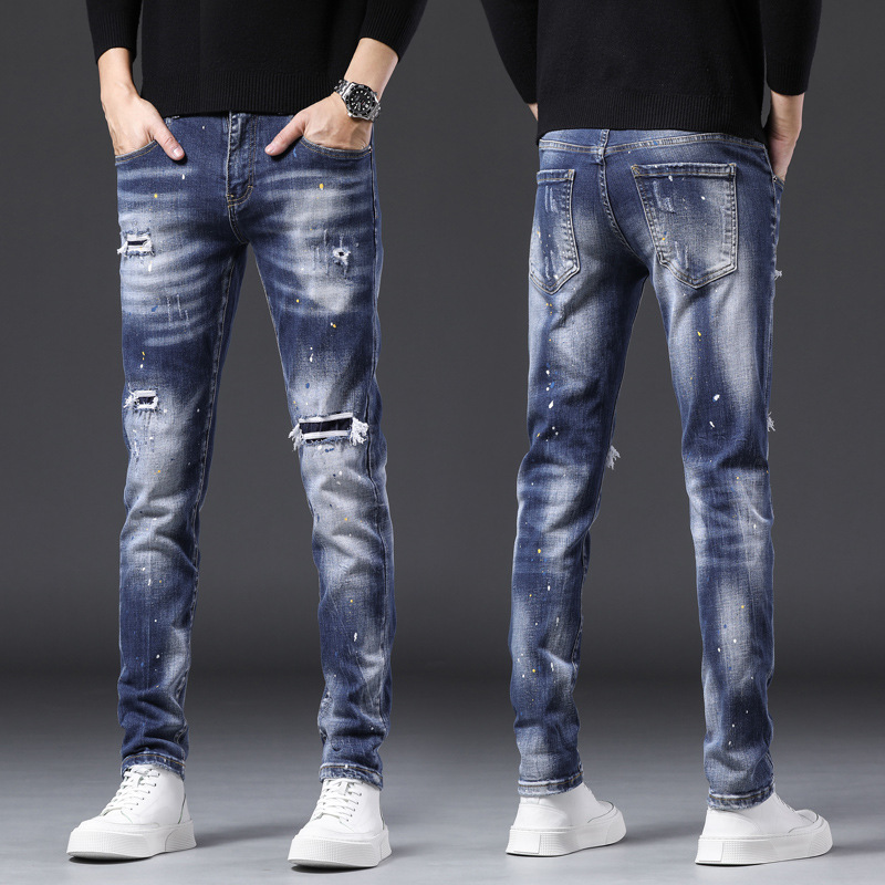 Jean Joker élastique pour hommes, nouvelle marque de mode européenne et américaine, trou givré, dégradé de couleurs, tendance droite, 2022_voghion.com
