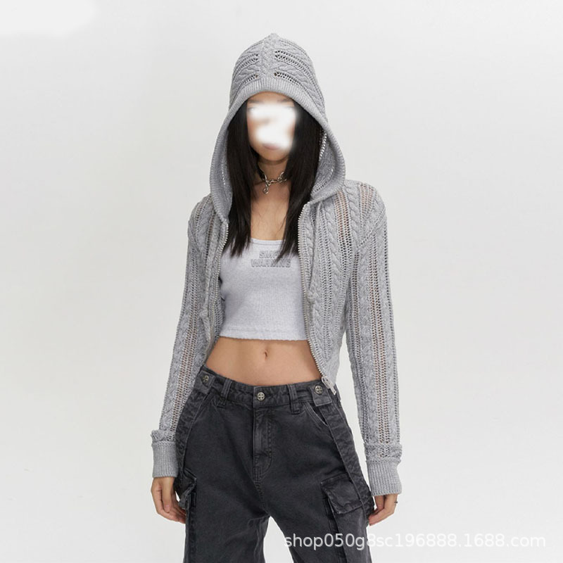 Spot SMFK Starlight knitted short hoodie women's retro twisted flower thick knitted 3M reflective Hollow spring and autumn coat