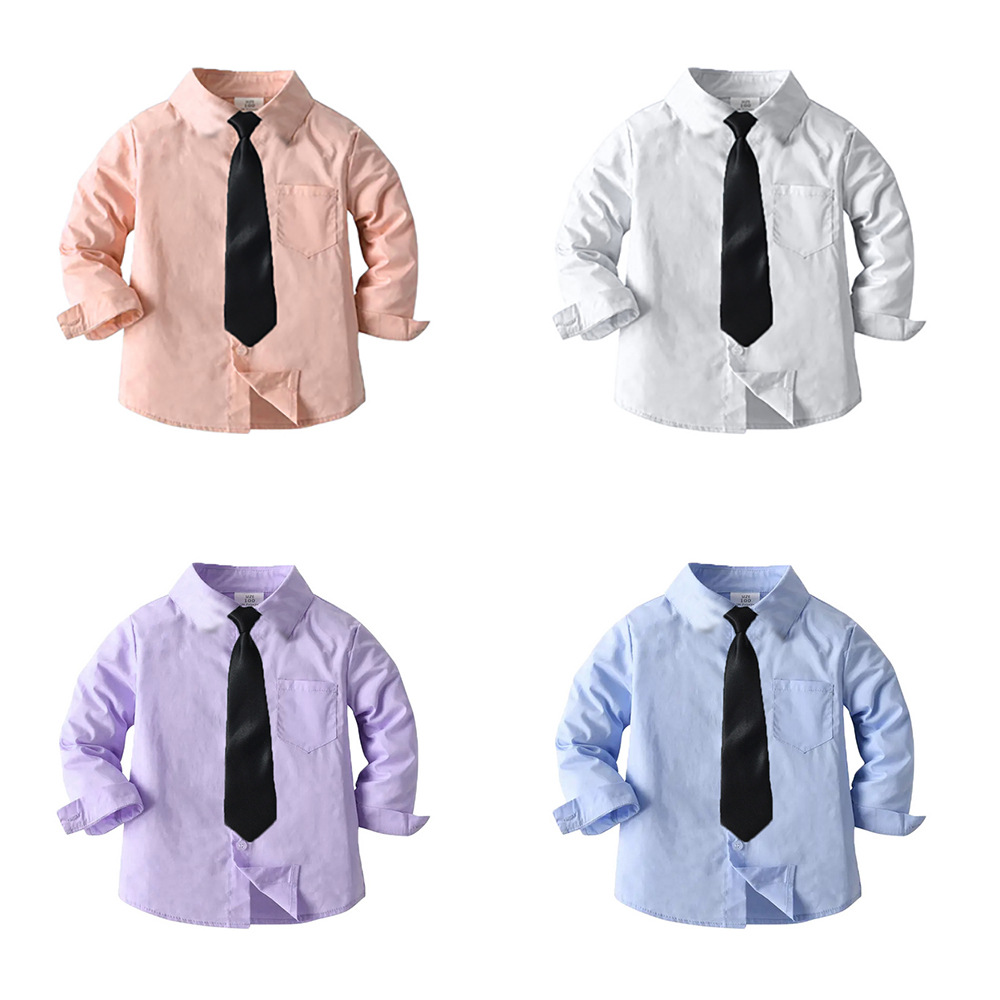 Primavera de niños de manga larga con sola sola solapa de hebilla interna camisa de ropa infantil transfronteriza corbata casuale de color sólido Cardigan