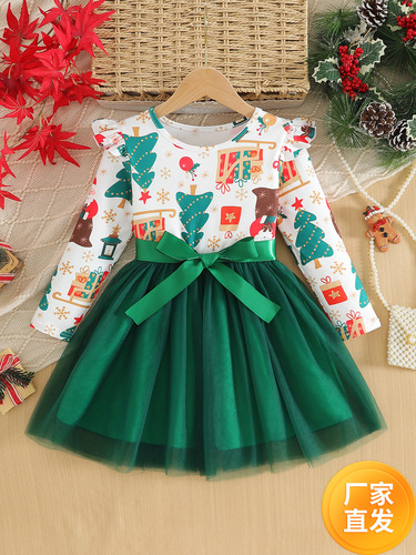 Christmas-themed foreign trade children's clothing—new arrivals for small and medium-sized kids: girls' two-piece faux-joined Christmas dress with double bow ties, trendy.