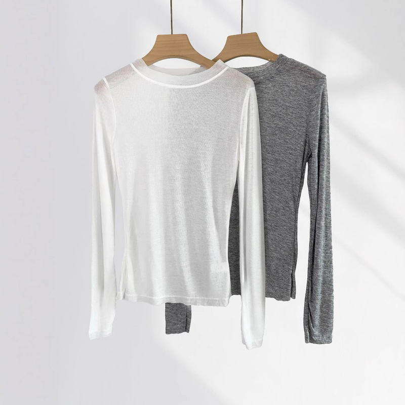 Super Soft Skin Clothes Micro-transparent Long-sleeved T-shirt Women's Threaded Knitted Thin Slim-fit Perspective Round Neck Base Shirt White