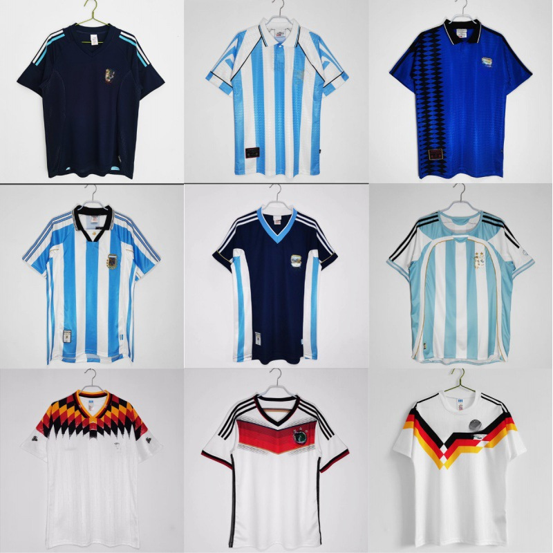 Argentina and Germany home and away retro jerseys, World Cup star football kits, drop shipping available.