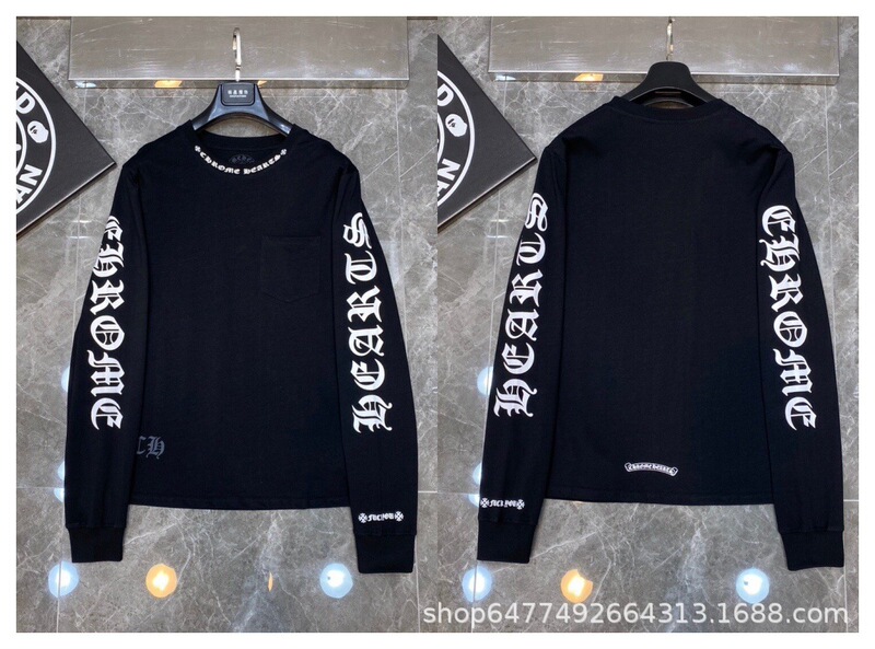 CH正确版克罗梵文字母蓝色十字架手臂马蹄刺绣长袖T批发潮流印花|undefined