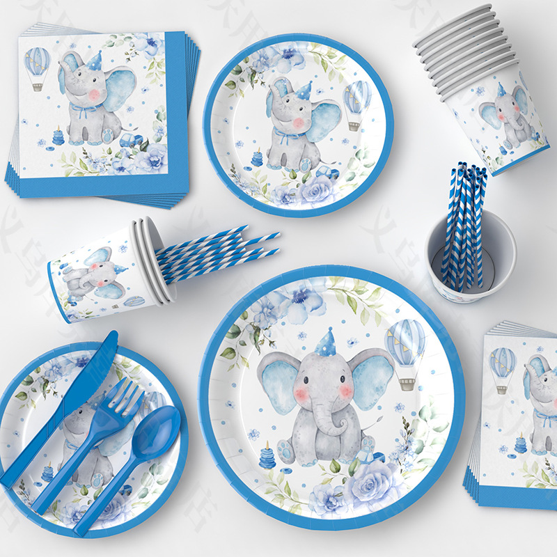 Amazon azul bebé elefante lindo mascota cumpleaños decoración tema plato de papel desechable taza de papel tejido fiesta suministros traje