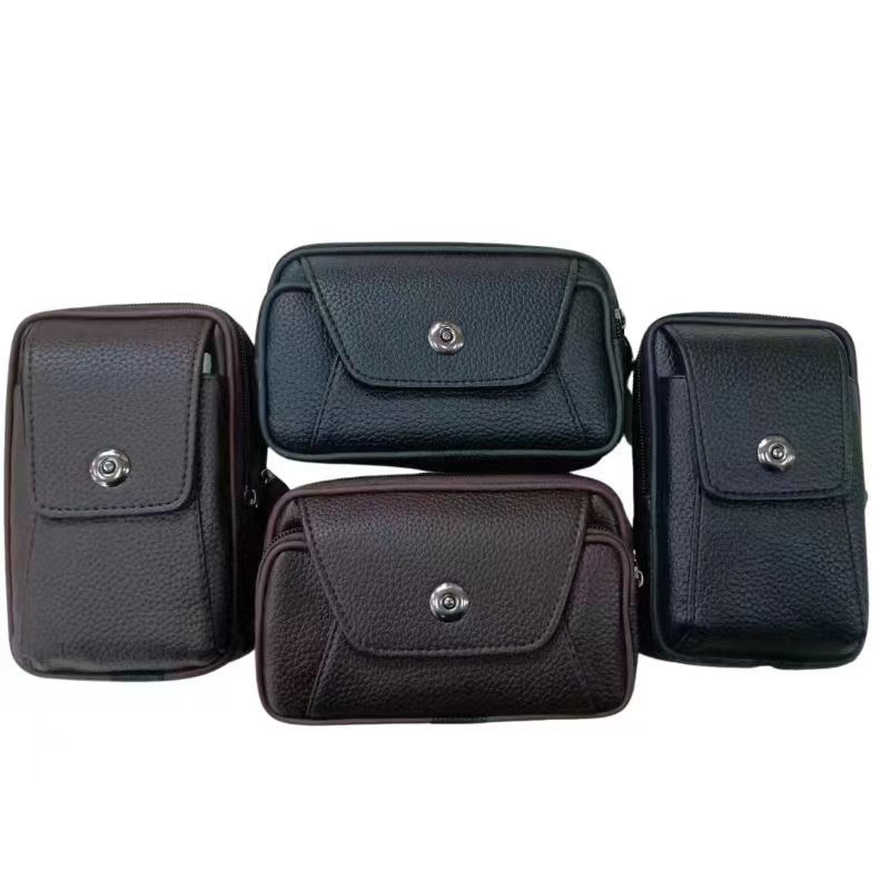 Factory wholesale men's three-layer large PU suction buckle mobile phone bag wear belt cigarette mobile phone waist bag change key bag