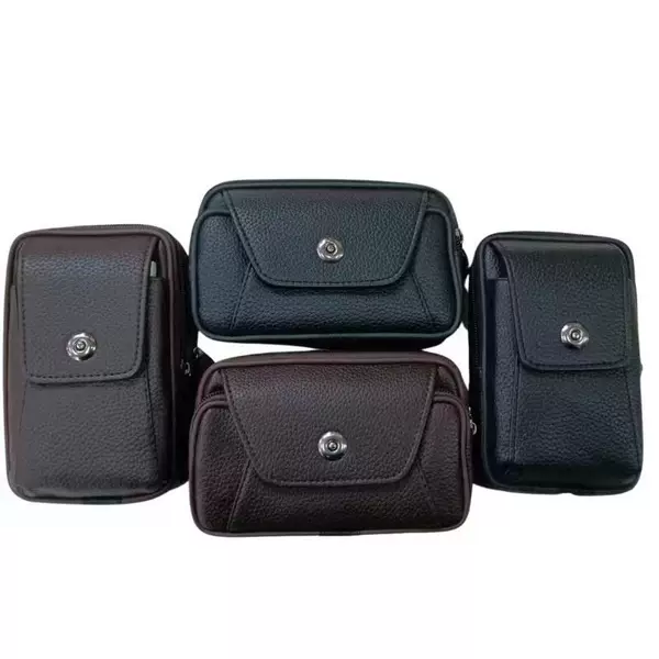 Factory wholesale men's three-layer large PU suction buckle mobile phone bag wear belt cigarette mobile phone waist bag change key bag