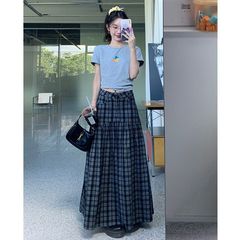 高腰复古格子半身裙秋冬新款格纹裙子女日系拼接设计多巴胺长裙