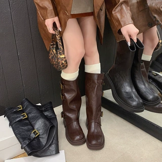 英伦风长筒靴女2026夏季新款显瘦厚底高筒美拉德堆堆靴裤管骑士靴