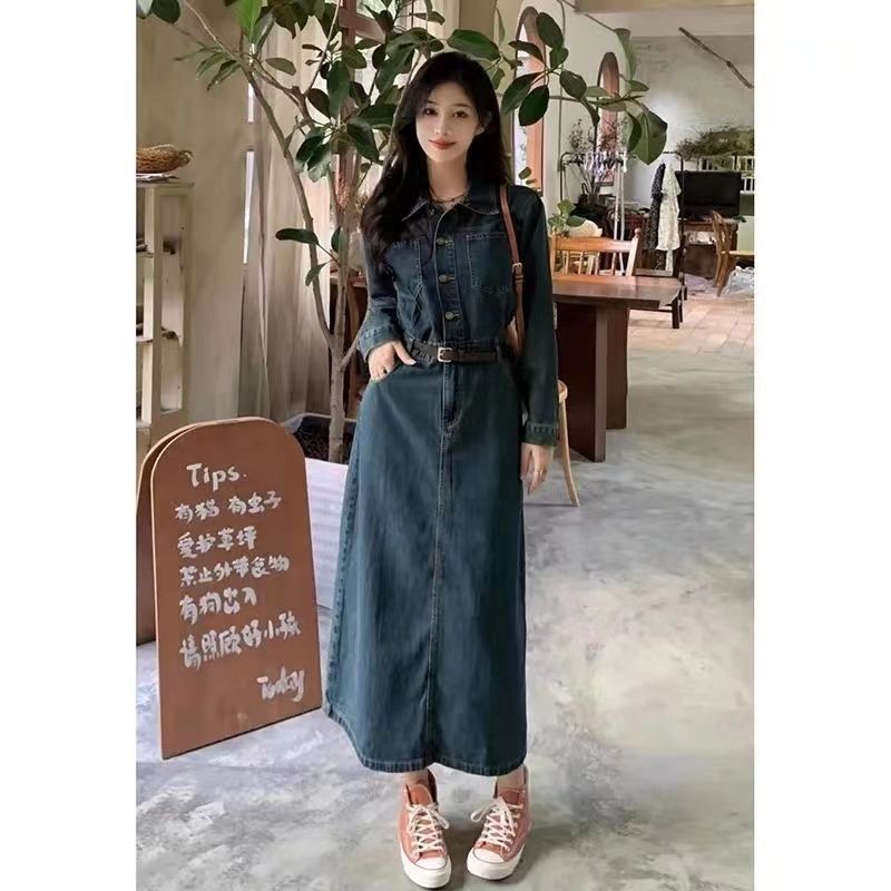 中长款长袖牛仔连衣裙女2025春秋新款复古港味收腰显瘦字裙|undefined