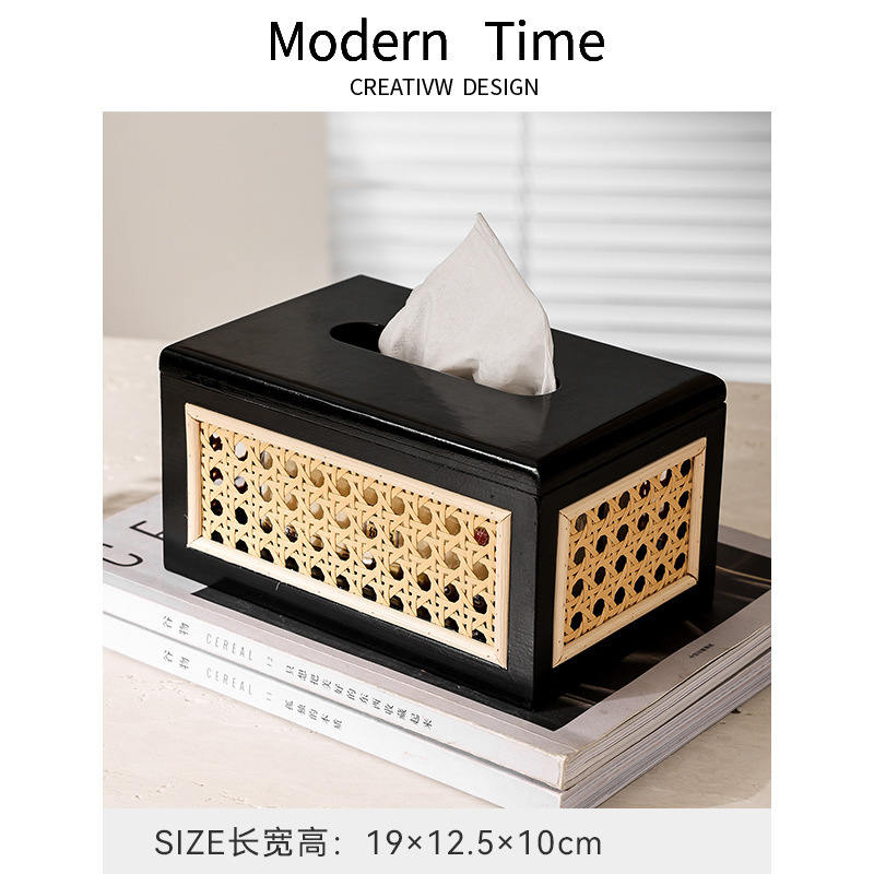 日式实木纸巾盒复古高级感手工编织藤编抽纸盒家用客厅餐厅轻奢风|undefined