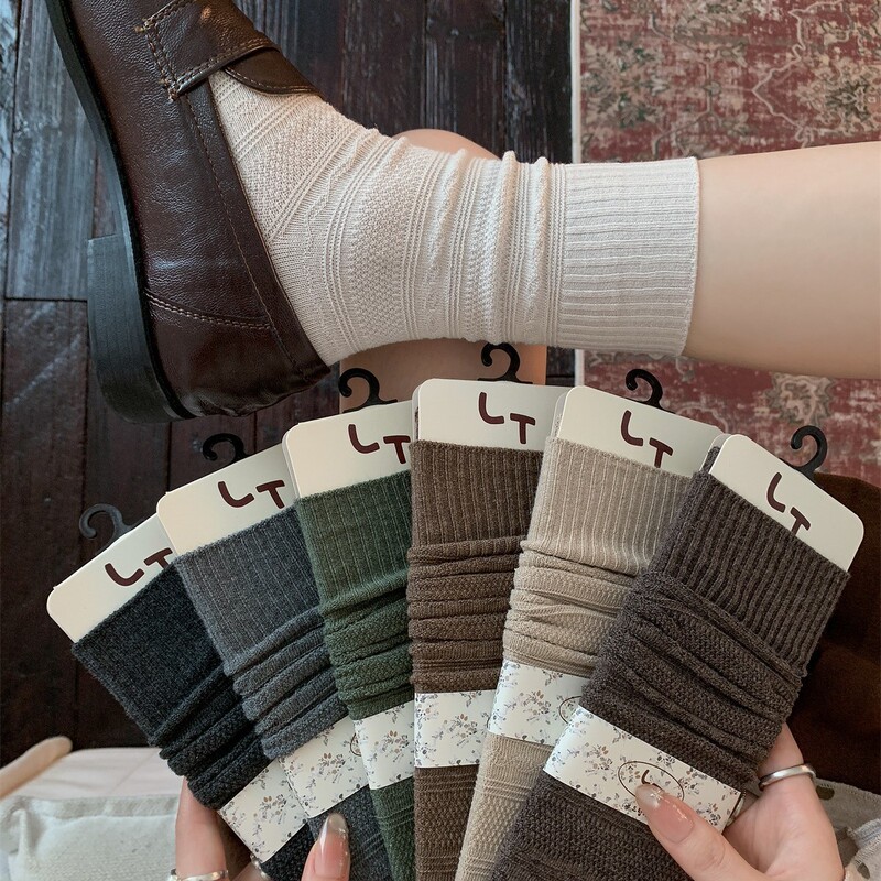 Women's mid-calf socks, autumn collection, in a beautiful chestnut brown color, featuring a ruffled design, suitable for Japanese-style Birkenstock sandals, long socks, and Mary Jane shoes, made of cotton