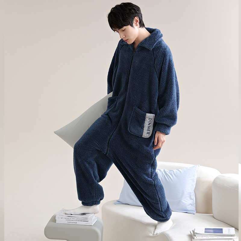 Coral Fleece Pajamas Men's Autumn and Winter Thick Fleece Warm plus size Loose Zipper Flannel Home Clothes